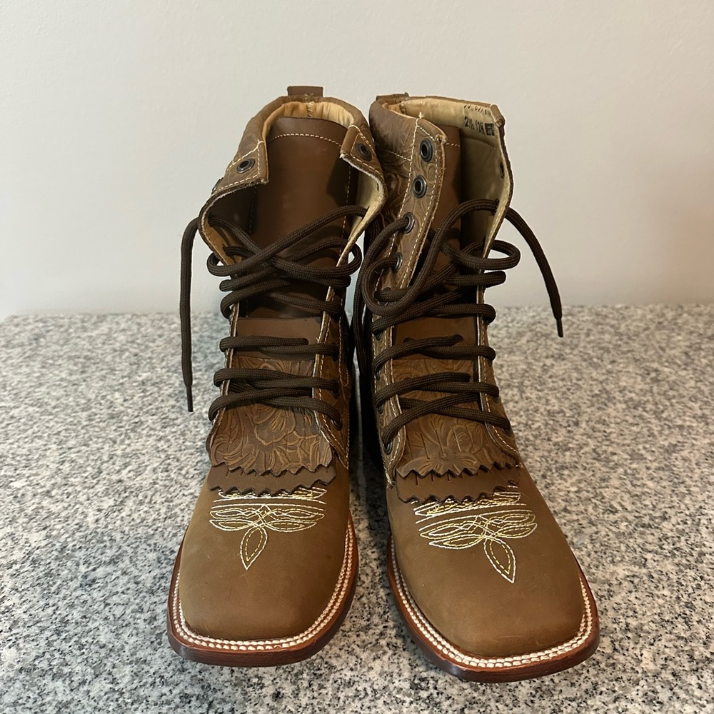 Women's Brown Embroidered Lace-Up Ankle Boots